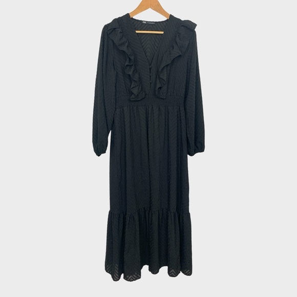 Zara Black Ruffle Tiered Midi Dress - Picture 2 of 13